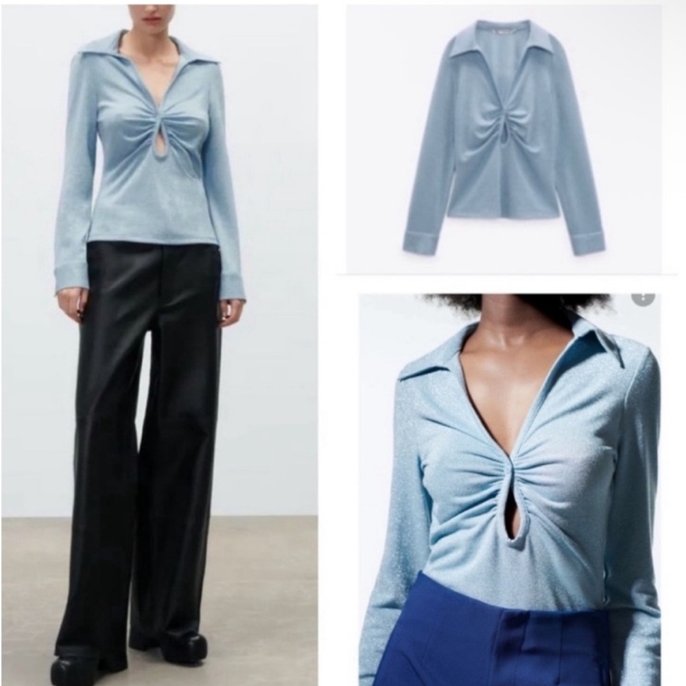 New Zara Light Blue Sparkle Ruched Button Front Cut Out Long Sleeve Blouse XS